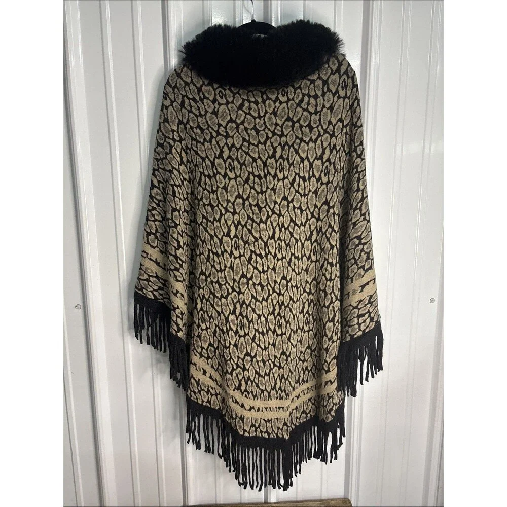 Leopard Print Faux Fur Shawl OSFM Black And Brown